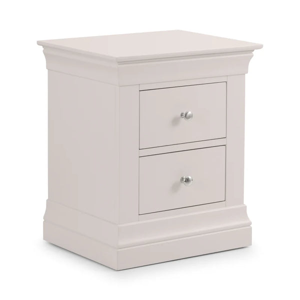 Light gray nightstand with two drawers on a white background