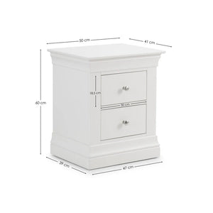 White nightstand with dimensions labeled on a white background