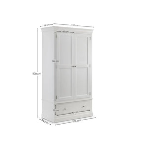 White wardrobe with dimensions indicated on a white background