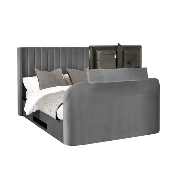 Gray bed with wooden headboard and footboard on a white background