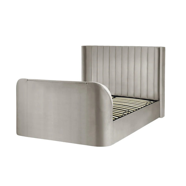 Modern bed with a metallic finish on a white background