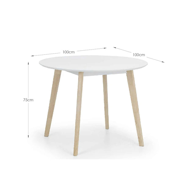 Coco dining table with dimensions on white background