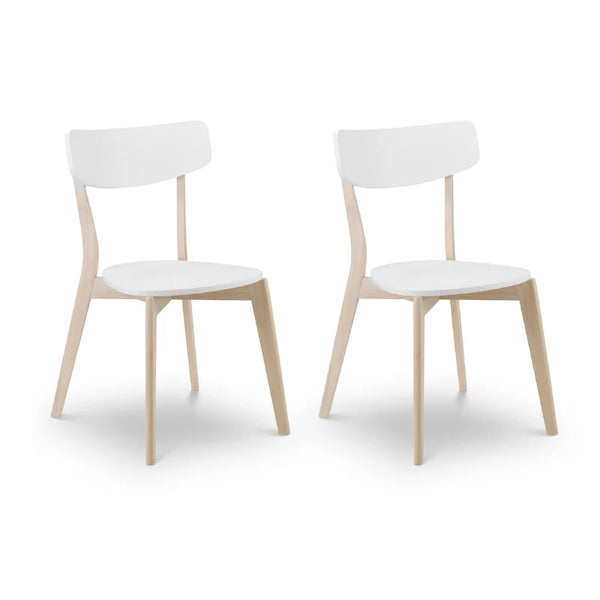 Coco pair of white and light wood dining chairs on light background
