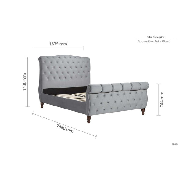 Gray upholstered bed with dimensions on a white background