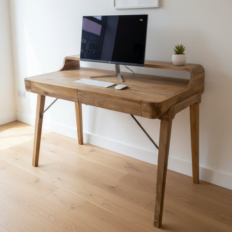 Wooden desk with metal legs on a white background