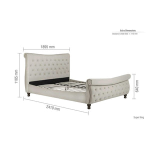Measurement chart of a bed with dimensions labeled on a white background