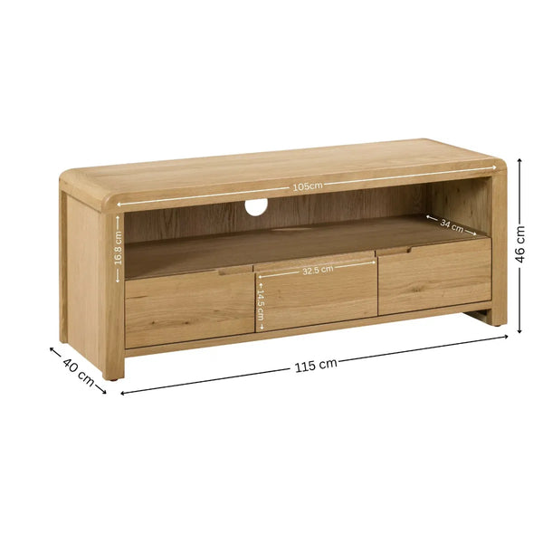 Wooden TV stand with dimensions labeled on a white background