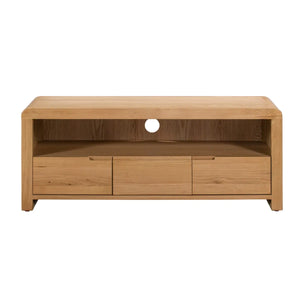 Wooden TV stand with three drawers on a white background
