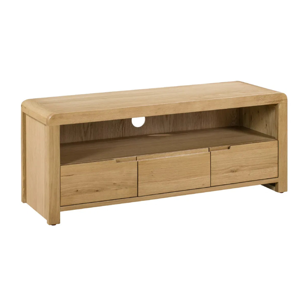 Wooden TV stand with drawers on a white background