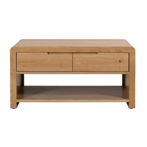 Wooden coffee table with two drawers on a white background