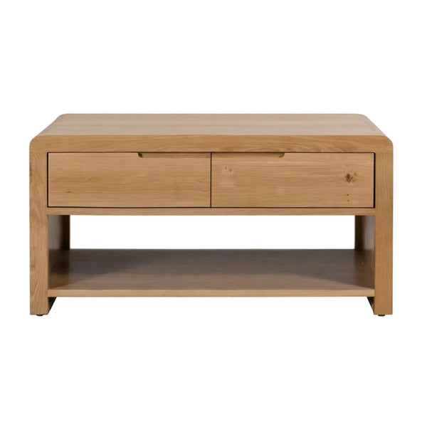 Wooden coffee table with two drawers on a white background