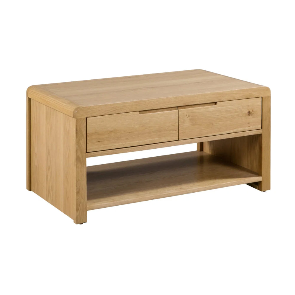 Wooden coffee table with two drawers on a white background