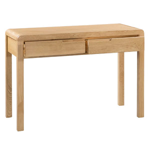 Wooden console table with two drawers on a white background