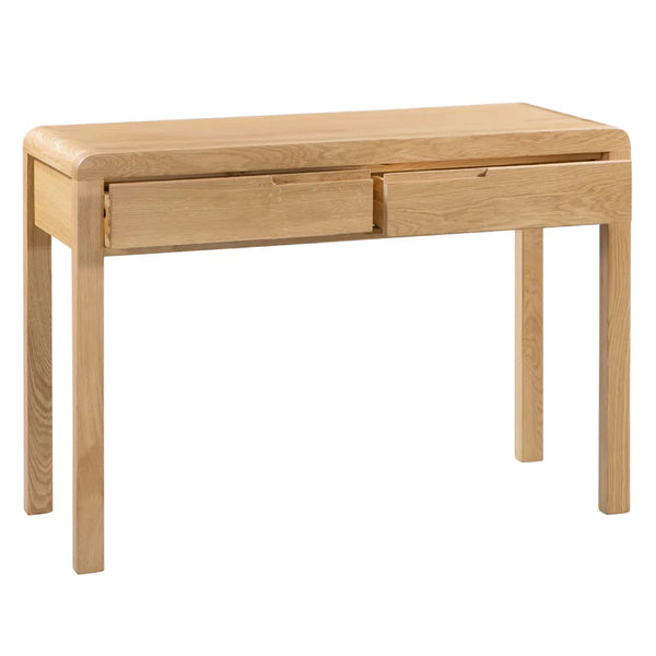 Wooden console table with two drawers on a white background