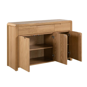 Wooden sideboard with open doors on a white background