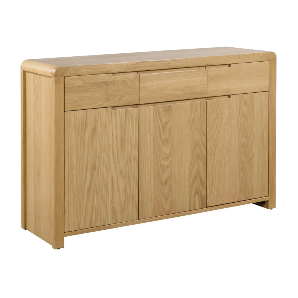 Wooden sideboard with drawers and doors on a white background