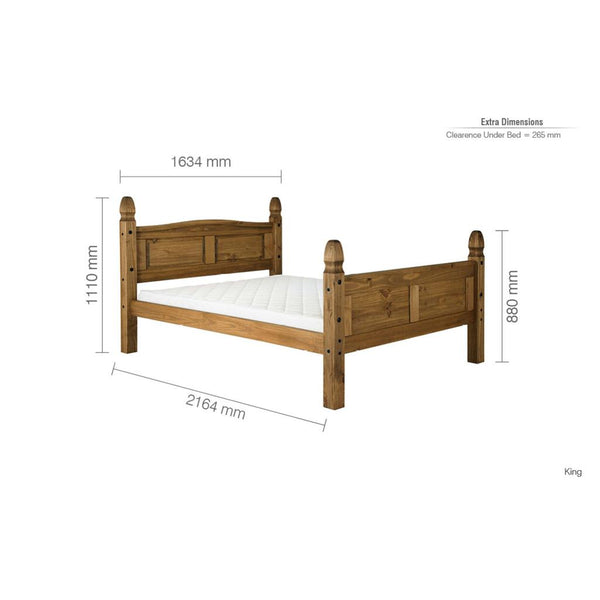 Wooden bed with dimensions labeled on a white background
