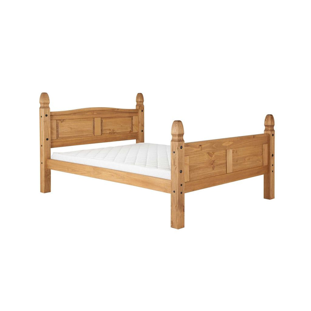 Wooden bed frame with white mattress on a white background