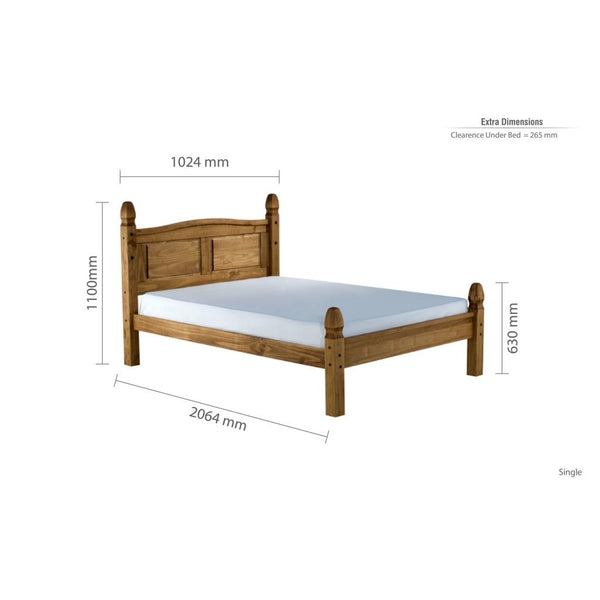 Wooden bed with dimensions labeled on a white background