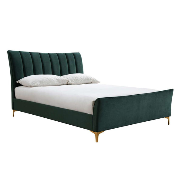 Black upholstered bed with white bedding on a white background