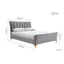 Gray upholstered bed with dimensions labeled on a white background