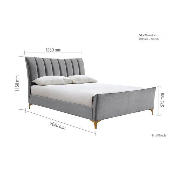 Gray upholstered bed with dimensions labeled on a white background
