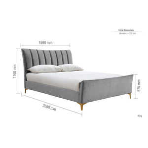 Gray upholstered bed with dimensions labeled on a white background