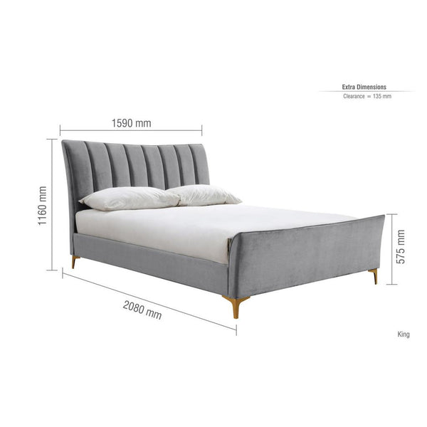 Gray upholstered bed with dimensions labeled on a white background
