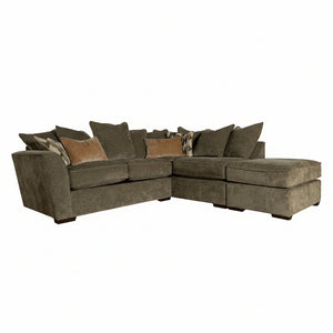 Brown sectional sofa with multiple cushions on a white background