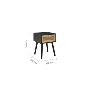 Small black side table with dimensions on a white background