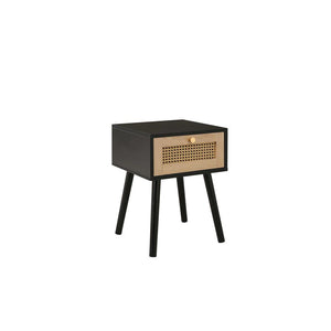 Small side table with a black frame and wooden drawer on a white background