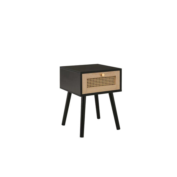 Small side table with a black frame and wooden drawer on a white background