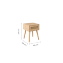 Wooden side table with dimensions on a white background