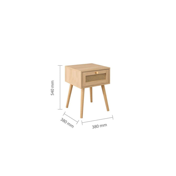 Wooden side table with dimensions on a white background
