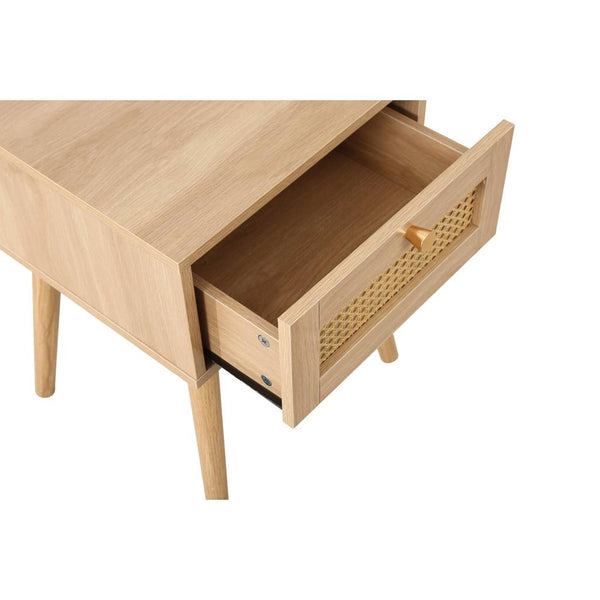 Wooden sideboard with open drawer on a white background
