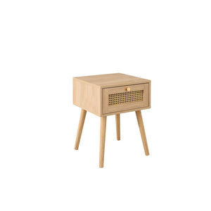 Wooden side table with a drawer on a white background
