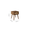 Wooden side table with dimensions on a white background