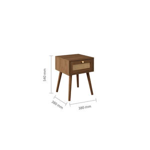 Wooden side table with dimensions on a white background