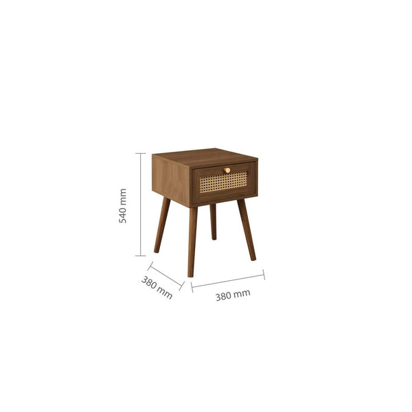Wooden side table with dimensions on a white background