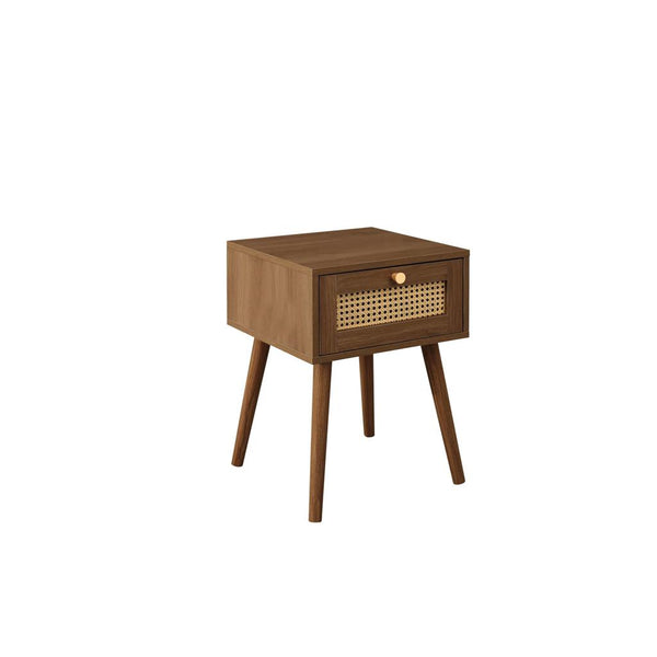 Wooden side table with a woven drawer on a white background