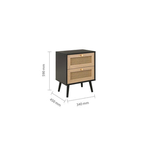 Small cabinet with rattan doors and dimensions on a white background