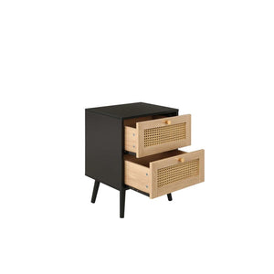 Black and wooden nightstand with two drawers on a white background