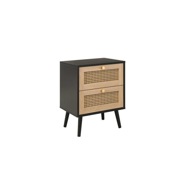 Small cabinet with black frame and rattan front doors on a white background