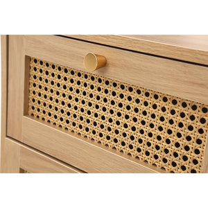 Wooden drawer with rattan panel and gold handle on a white background