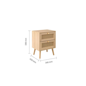 Wooden cabinet with rattan doors and dimensions on a white background