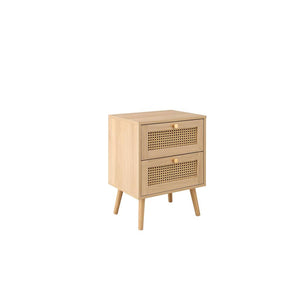 Beige side table with two drawers on a white background