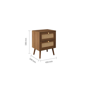 Wooden cabinet with rattan doors and dimensions on a white background