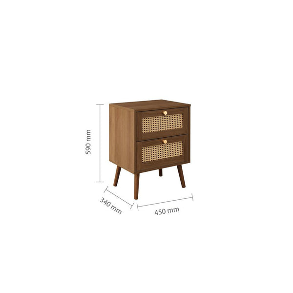 Wooden cabinet with rattan doors and dimensions on a white background