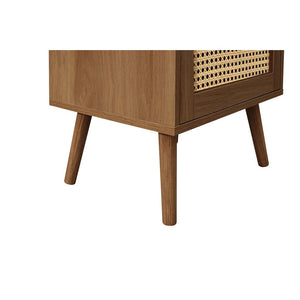 Wooden side table with woven pattern on a white background