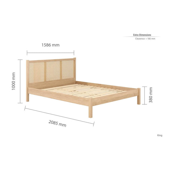 Wooden bed frame with dimensions on a white background